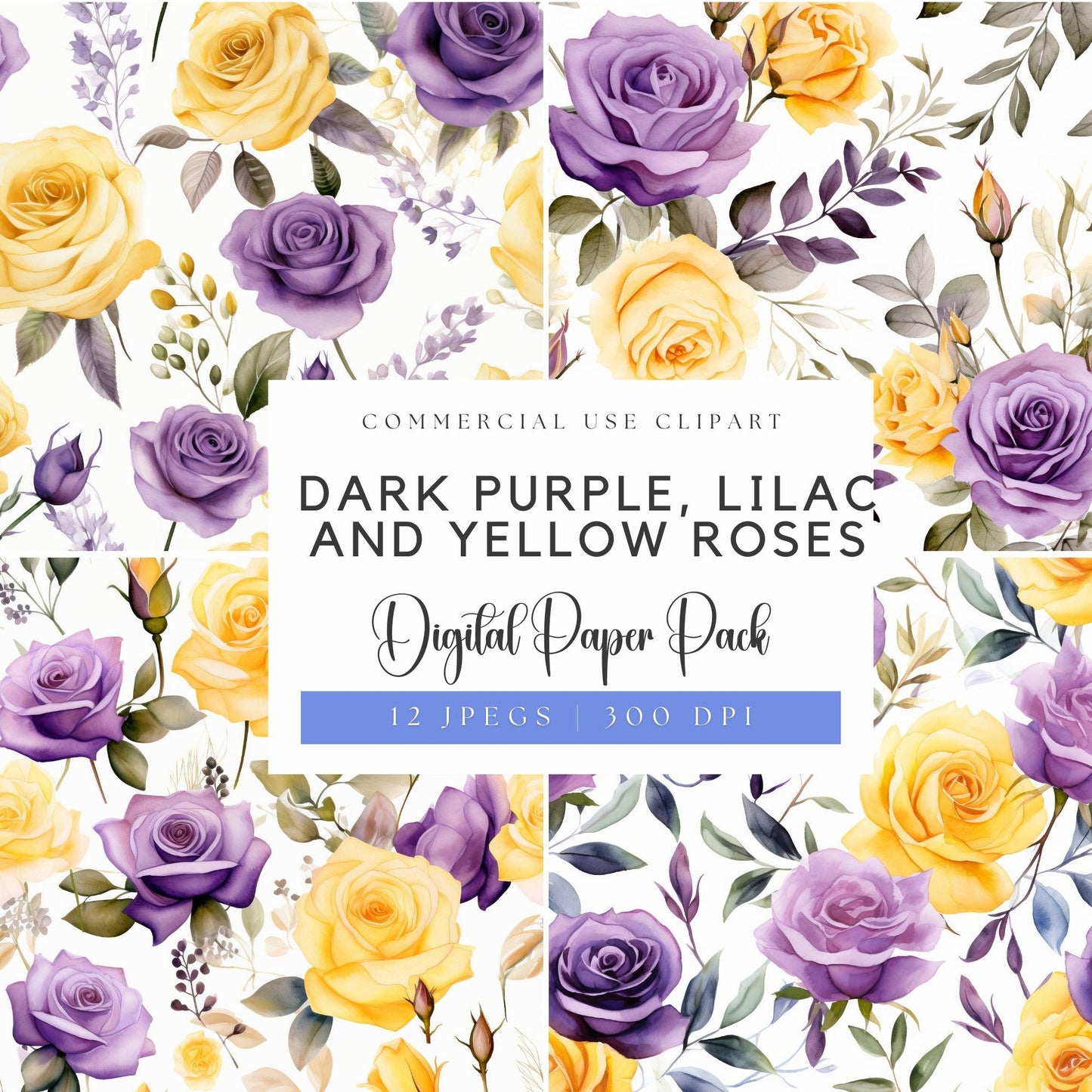 Papeles digitales morado oscuro, lila y rosa amarilla