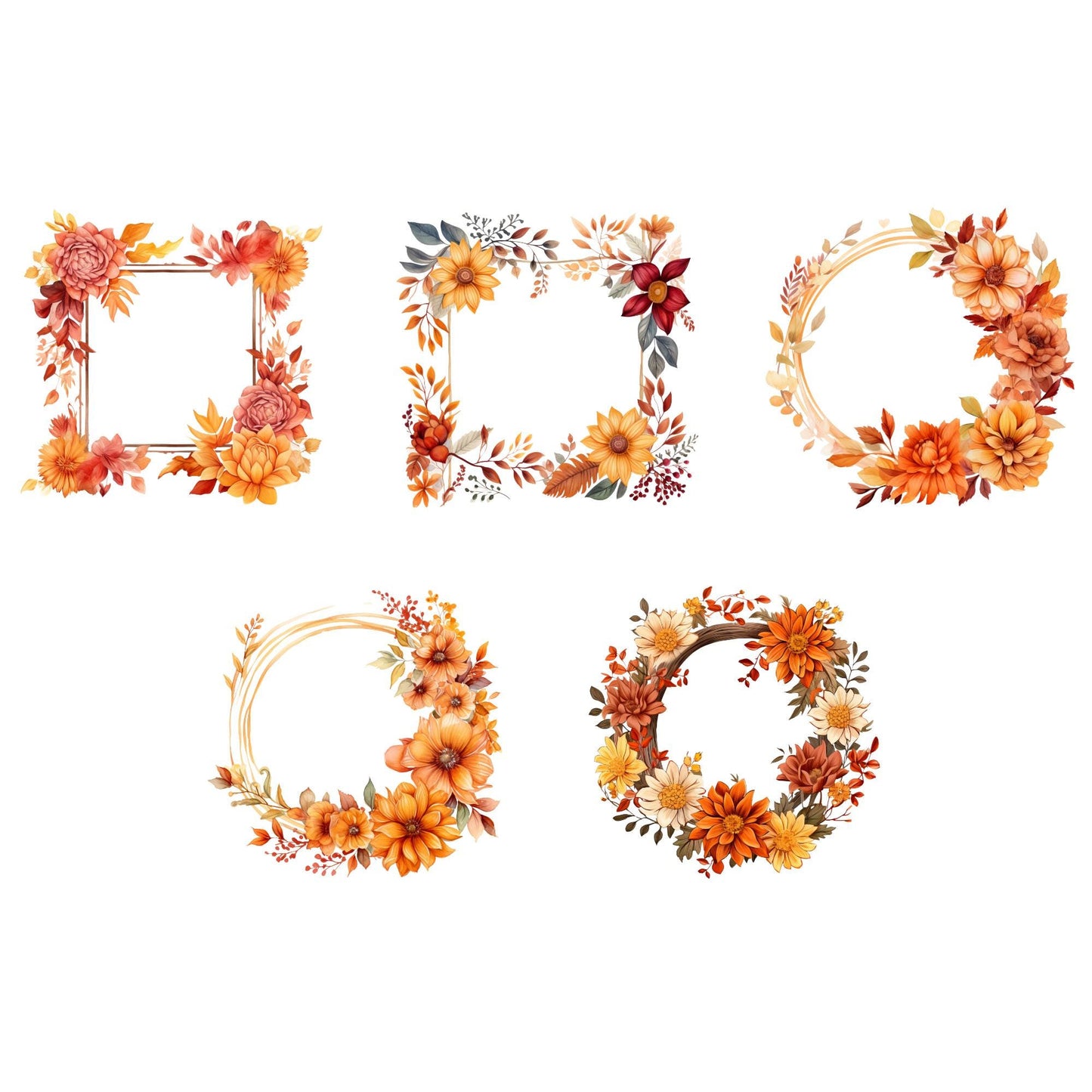Clipart de marco floral de otoño en acuarela