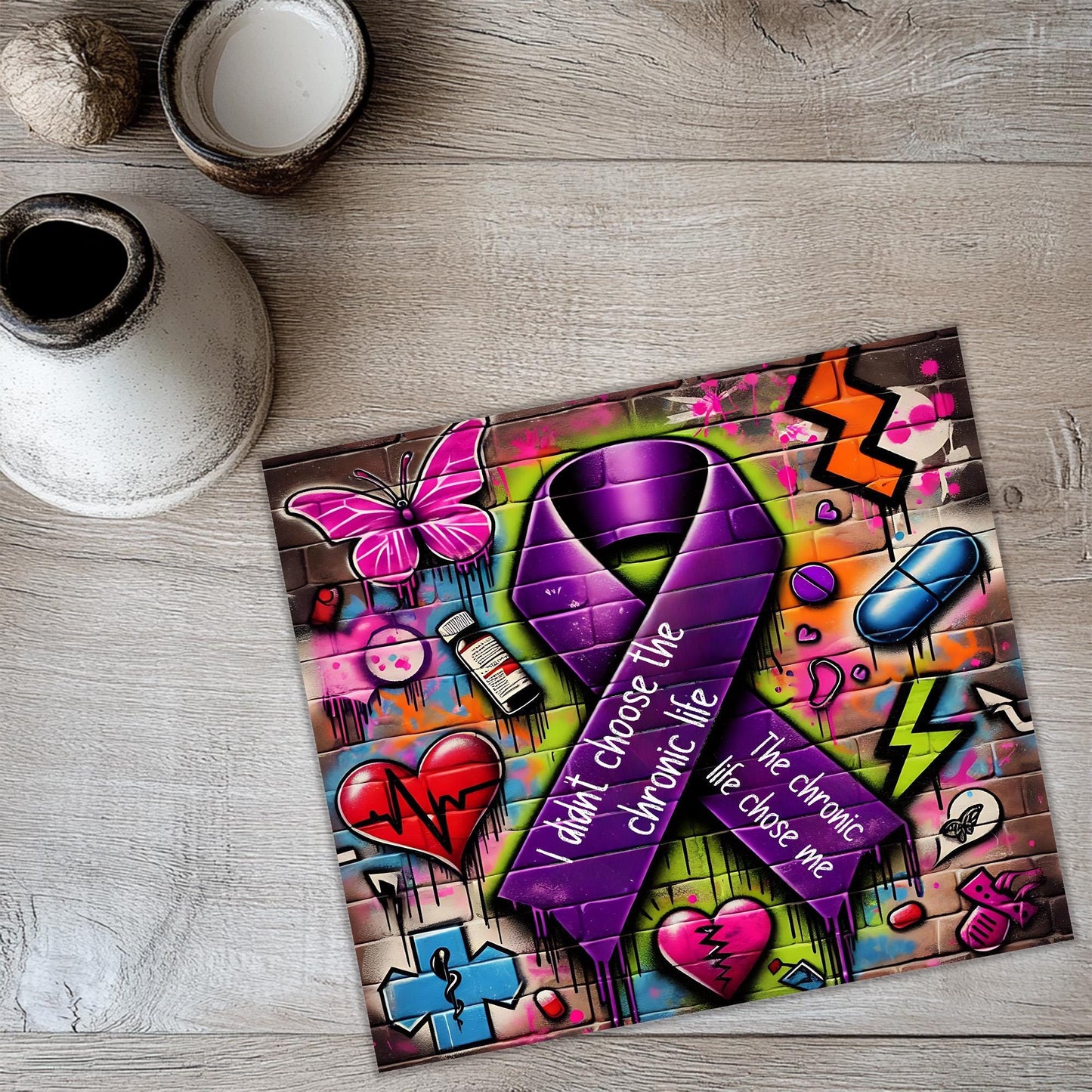 a picture of a purple ribbon on a table