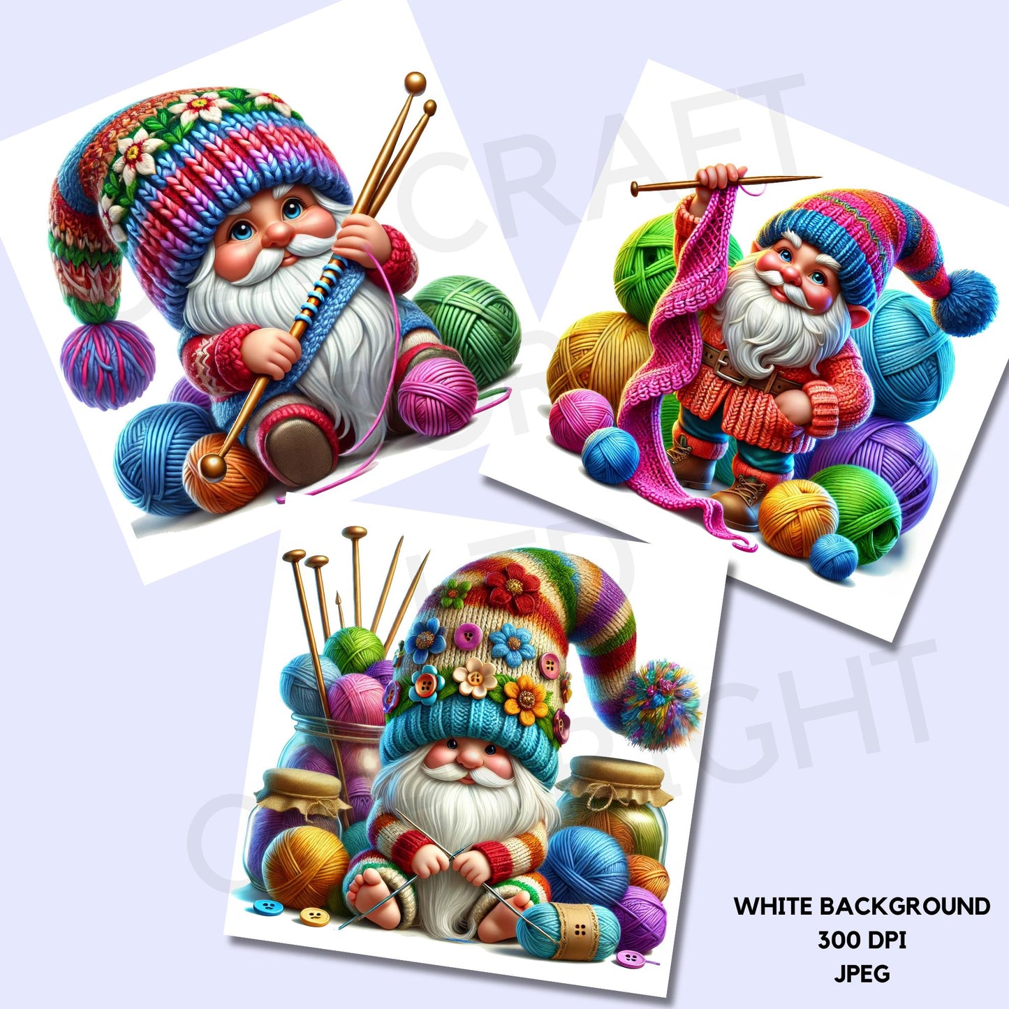 a couple of pictures of a gnome with knitting needles