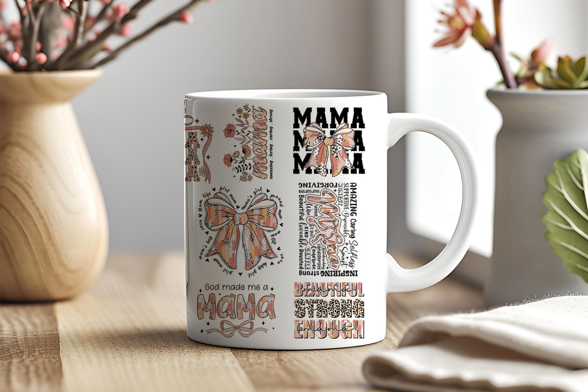 a coffee mug sitting on top of a wooden table