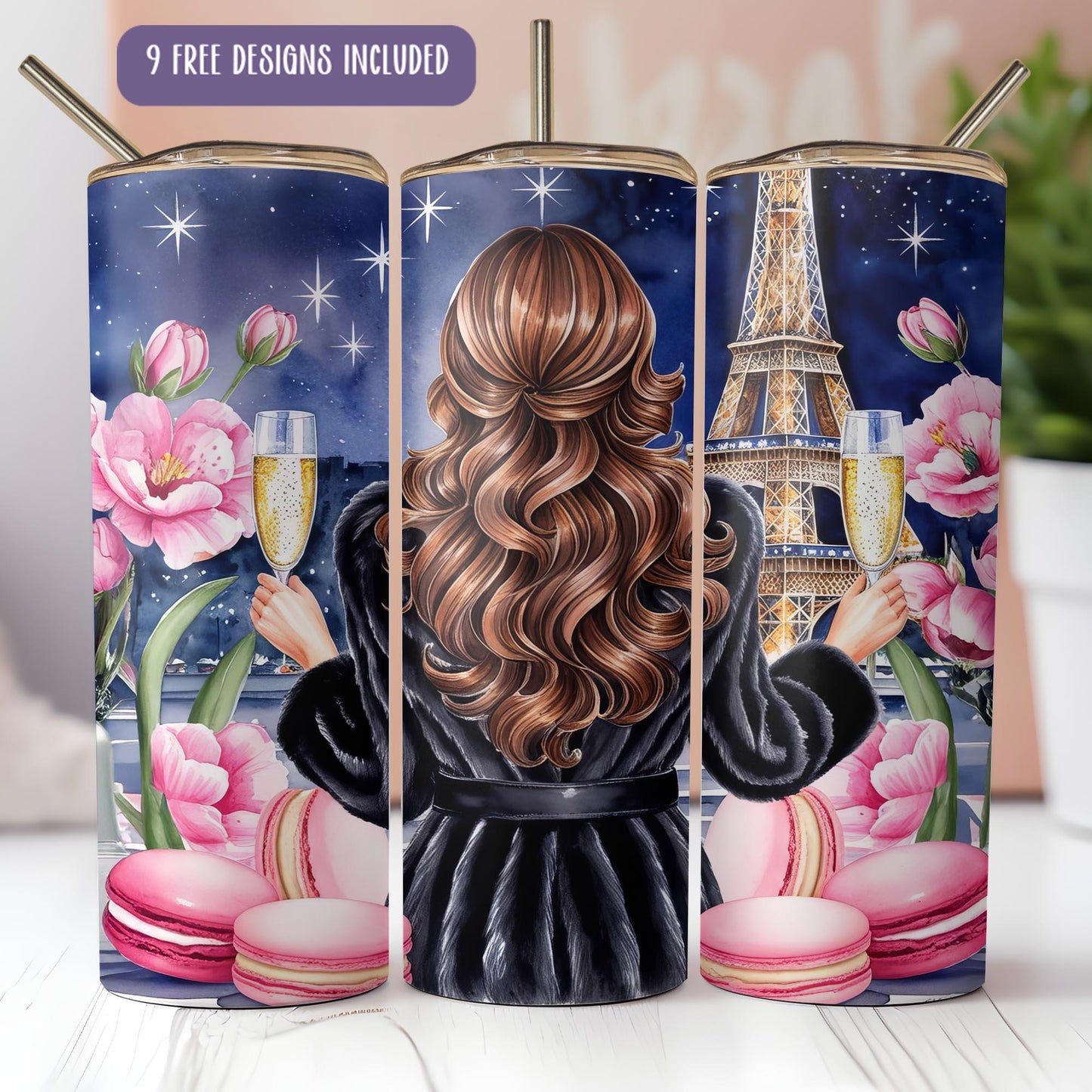 a set of three travel mugs with a picture of the eiffel tower