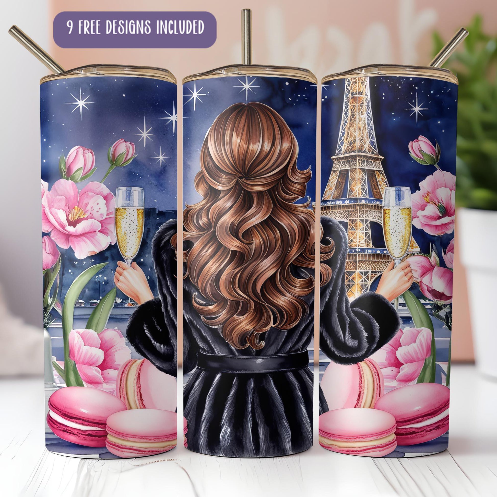 a set of three travel mugs with a picture of the eiffel tower