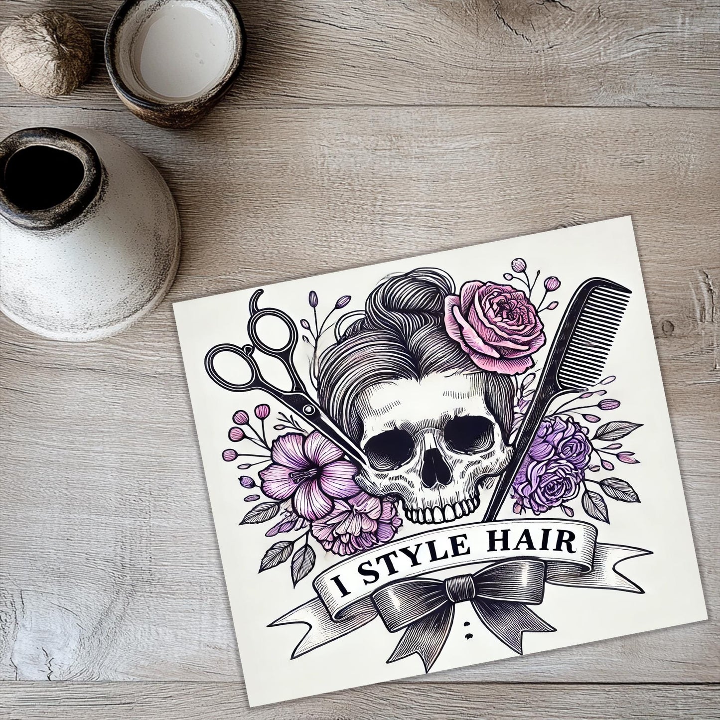 a picture of a skull with flowers and scissors
