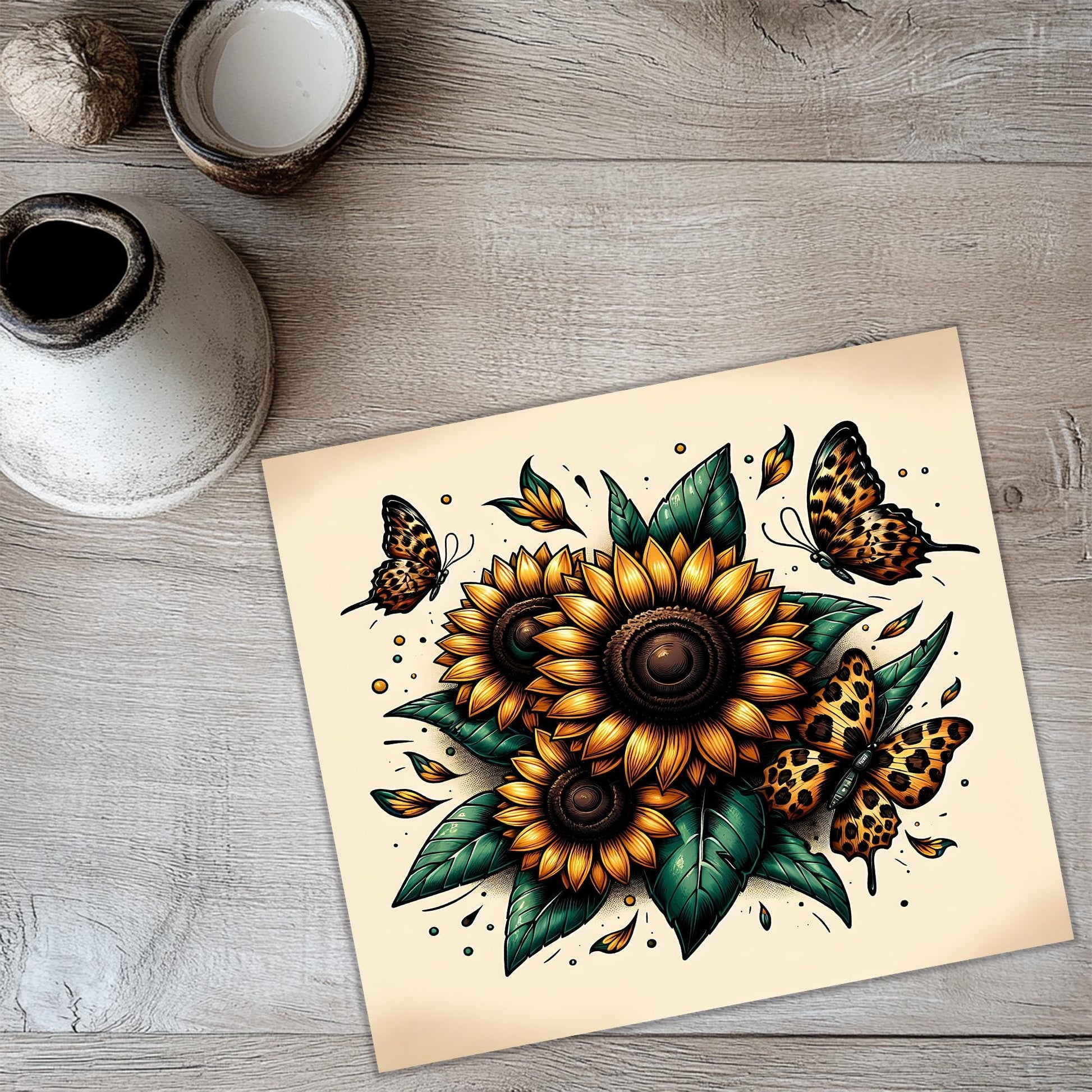 a picture of a sunflower with butterflies on it