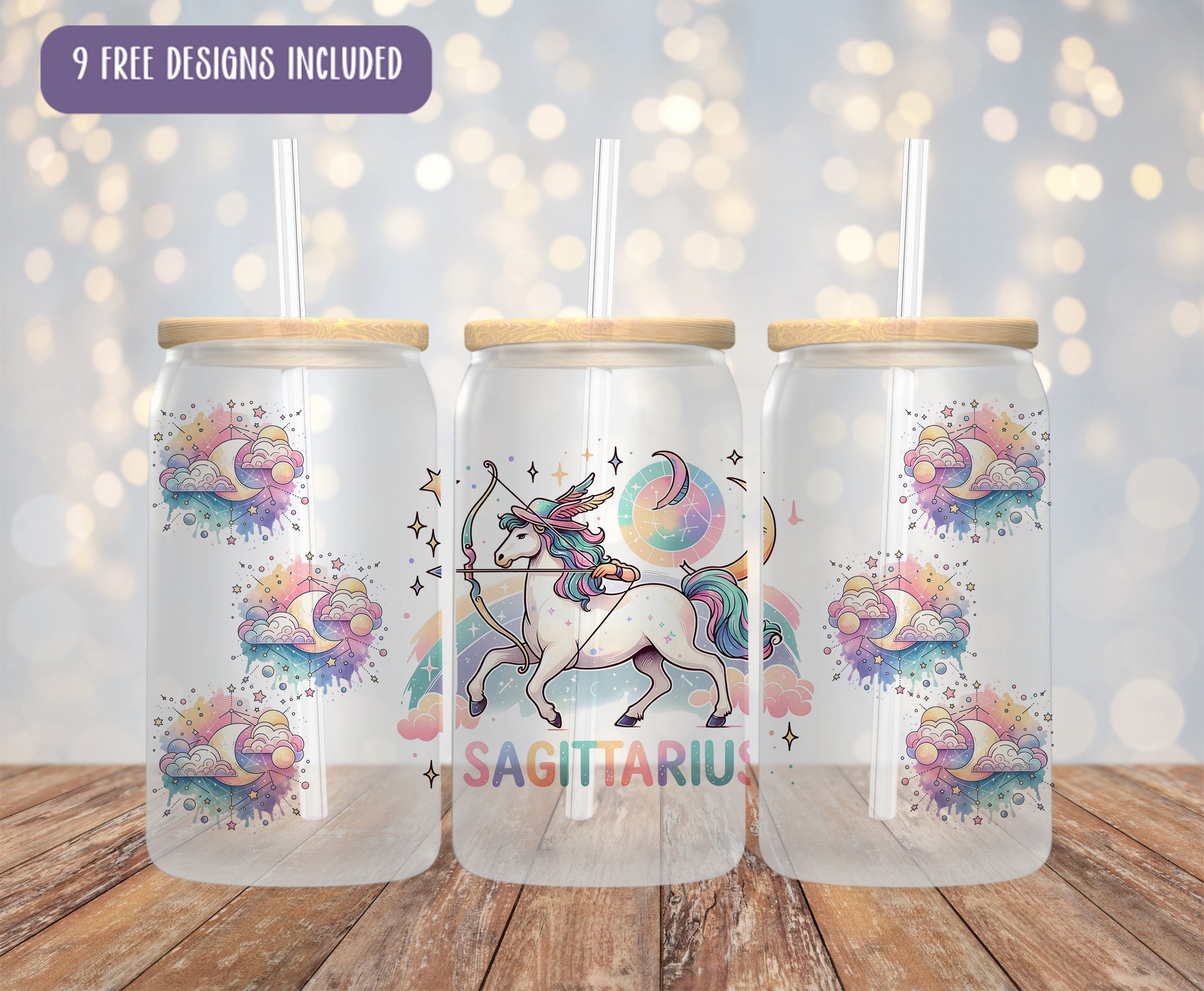 three plastic cups with unicorns and stars on them