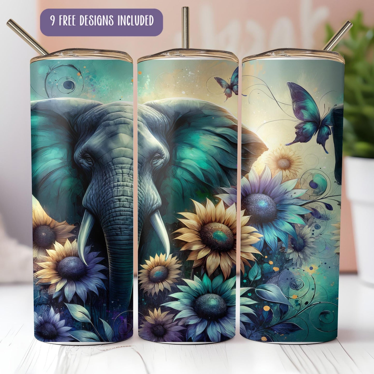 a picture of an elephant with sunflowers and butterflies