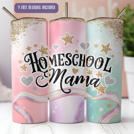 three colorful tumbles with the words homeschool mama on them