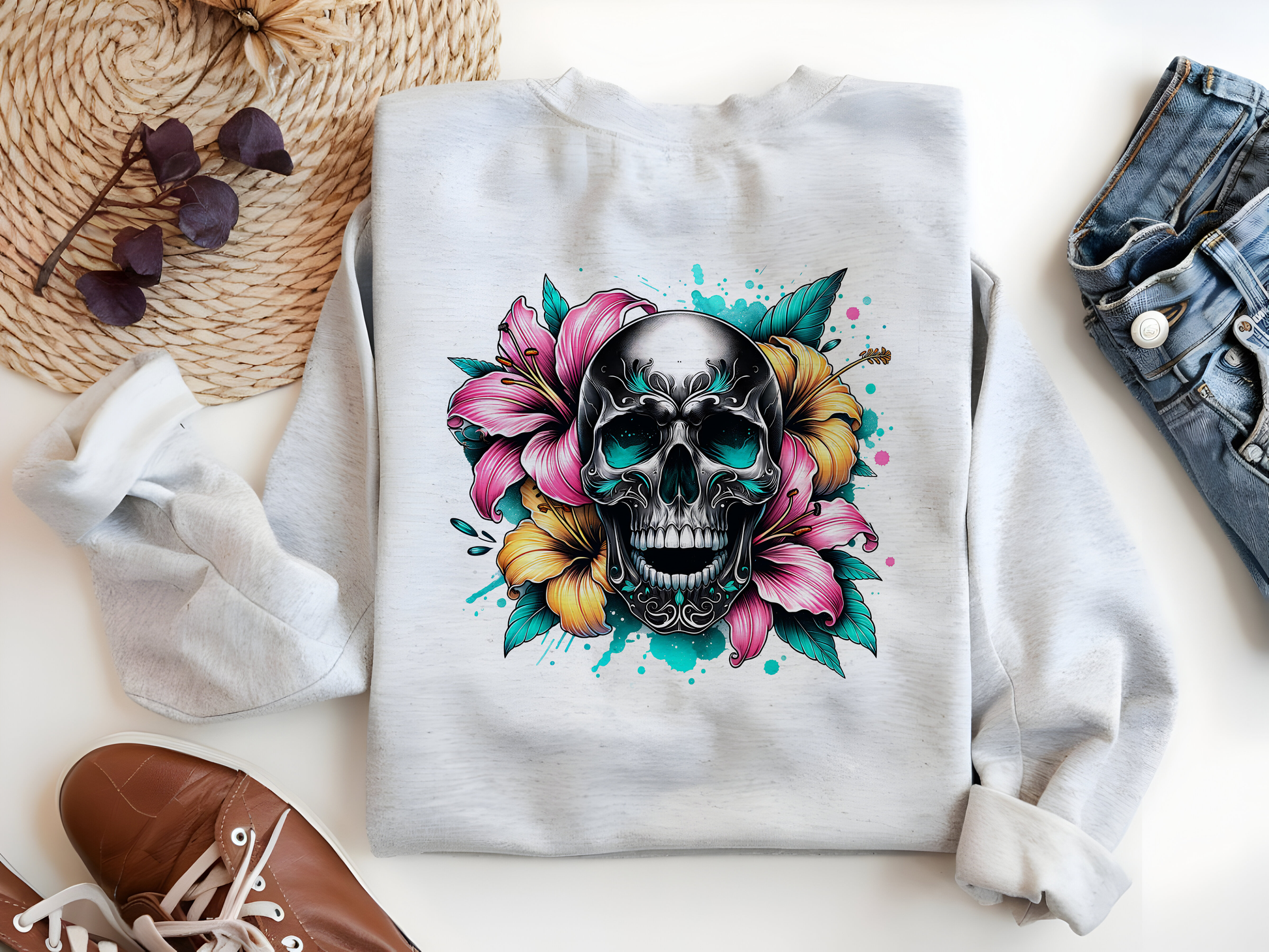 a sweatshirt with a skull and flowers on it