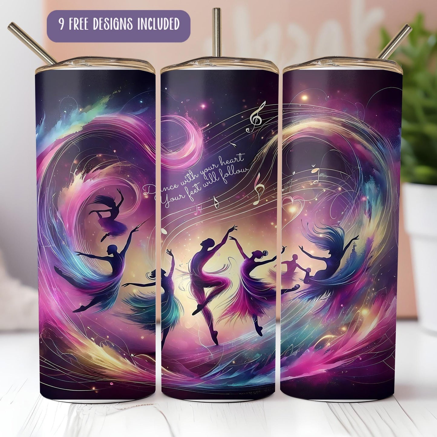 a set of three colorful tumbles with a picture of a girl dancing