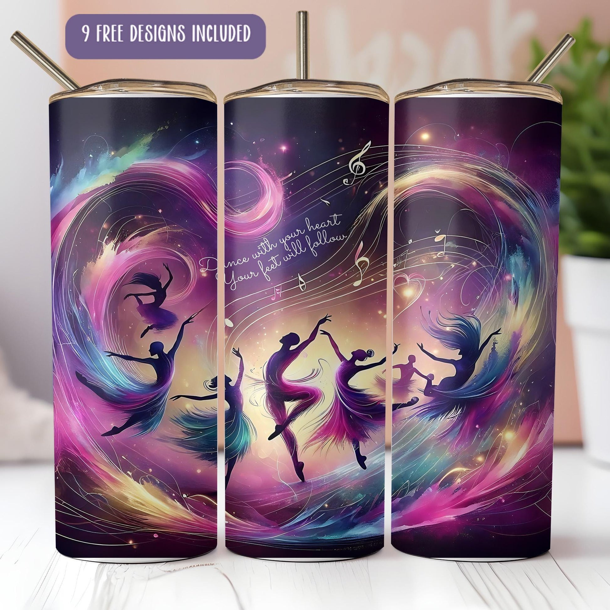 a set of three colorful tumbles with a picture of a girl dancing
