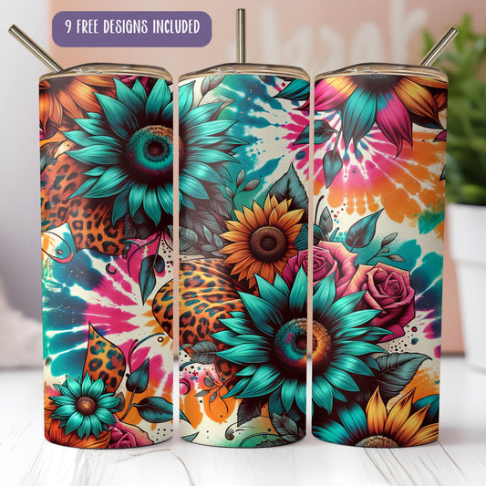 a set of three colorful floral tumbles sitting on top of a table