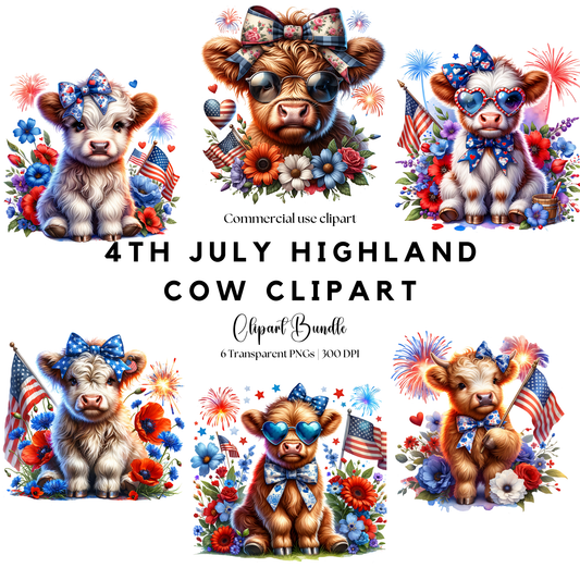 a set of four pictures of a cow with fourth of july decorations