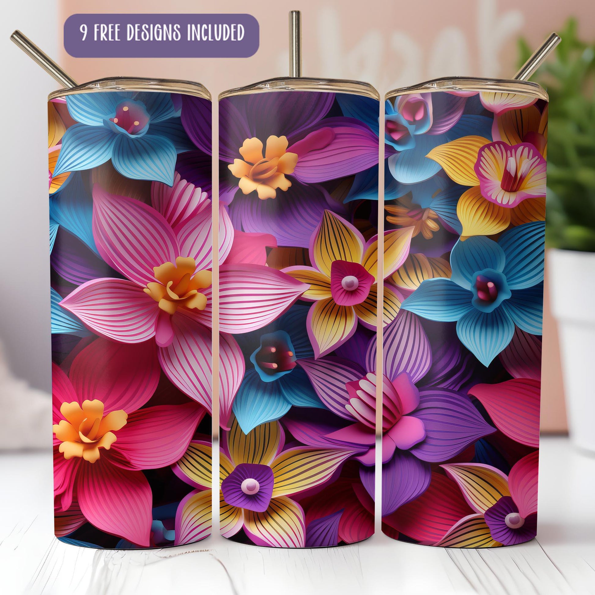 a set of three colorful flower vases on a table