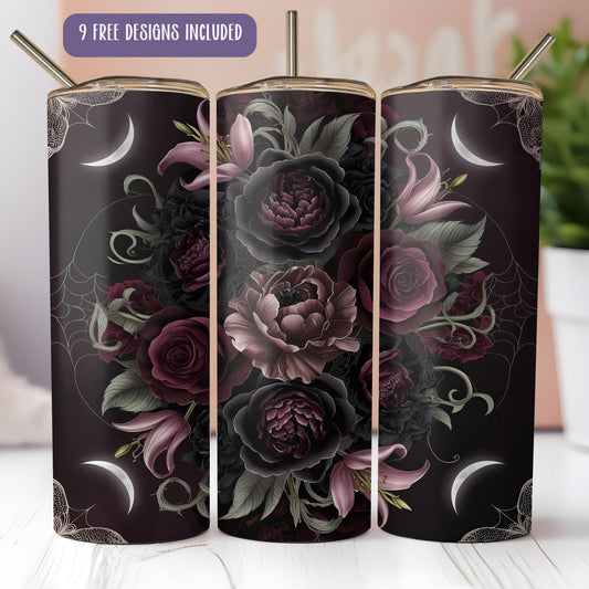 a set of three travel mugs with floral designs on them