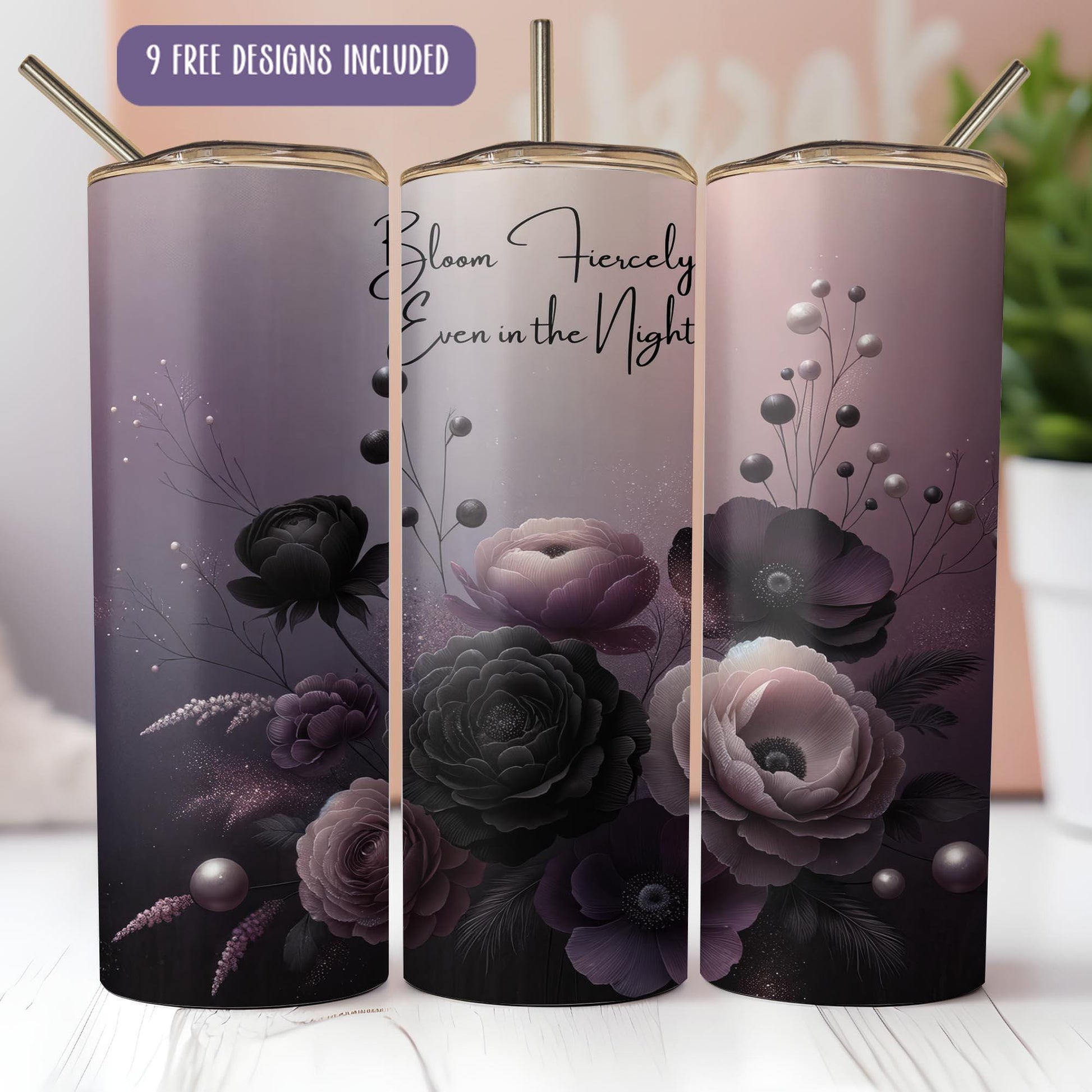 a set of three travel mugs with flowers painted on them