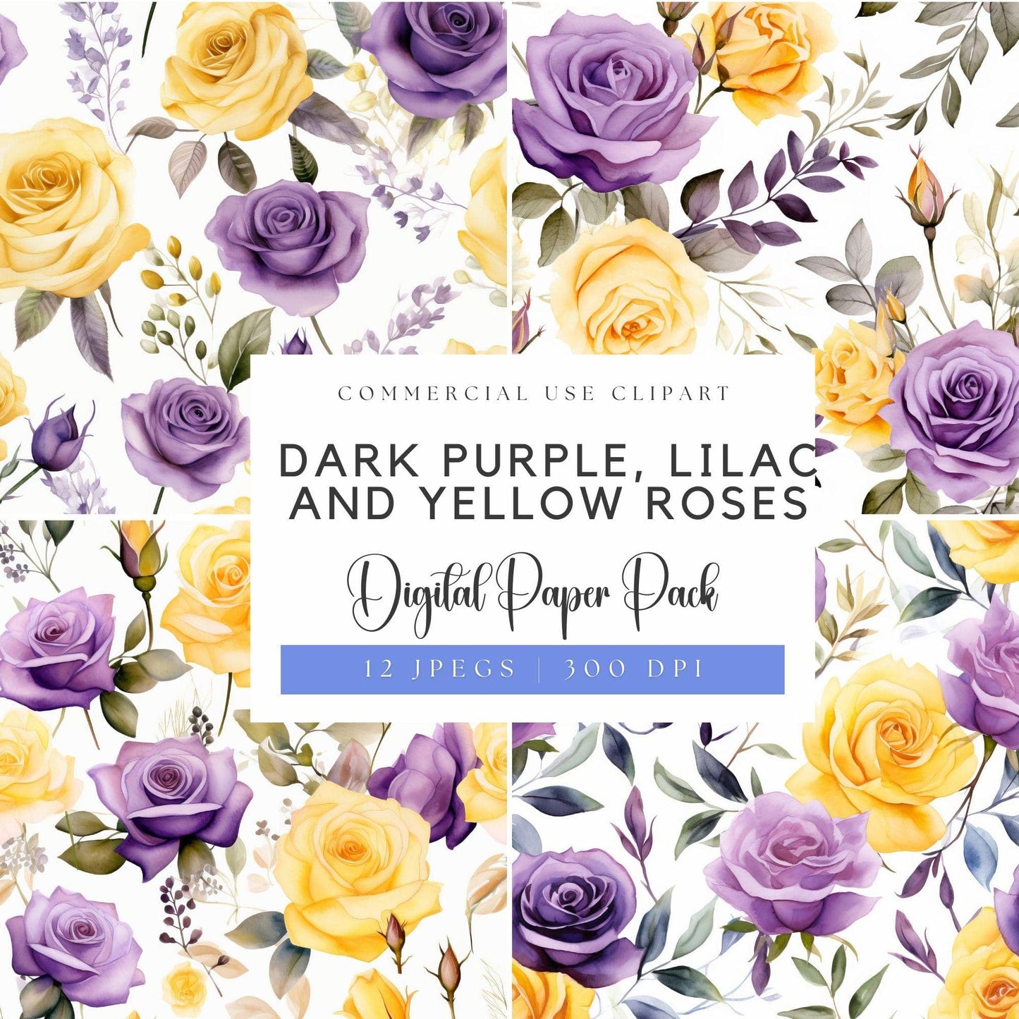 Dark purple, Lilac and Yellow rose Digital Papers