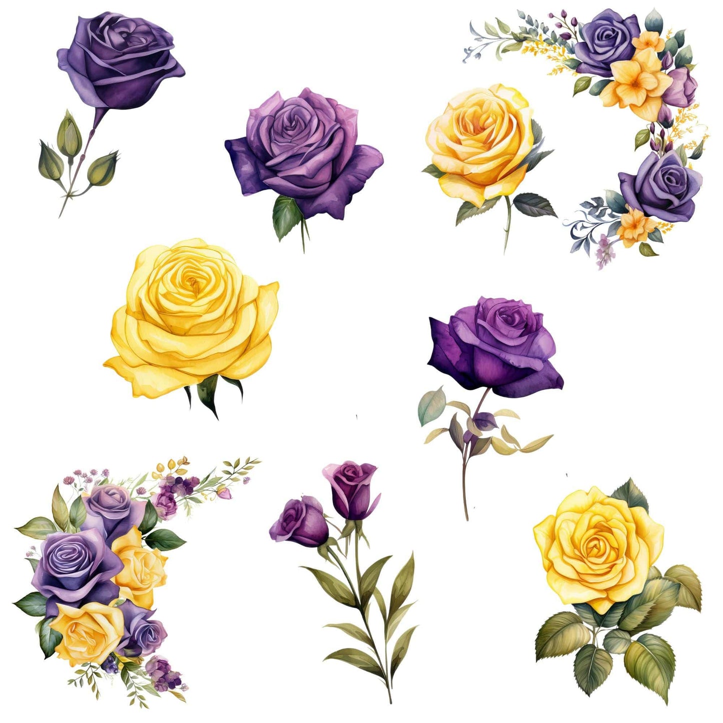 Dark Purple, Lilac, and Yellow Roses Clipart