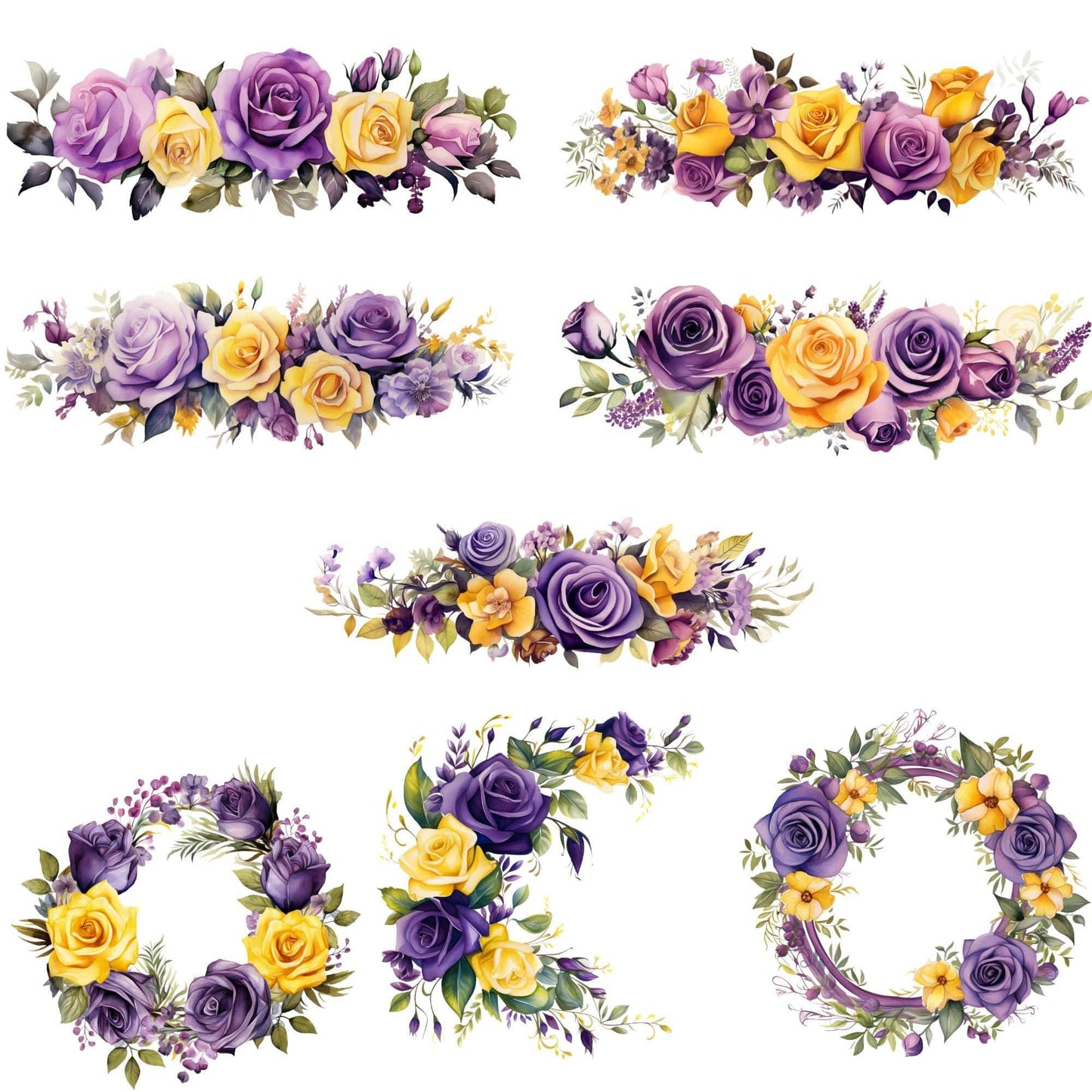 Dark Purple, Lilac, and Yellow Roses Clipart