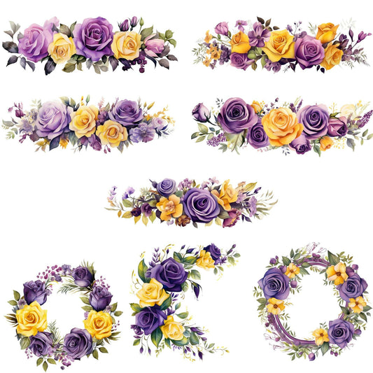 Dark Purple, Lilac, and Yellow Roses Clipart