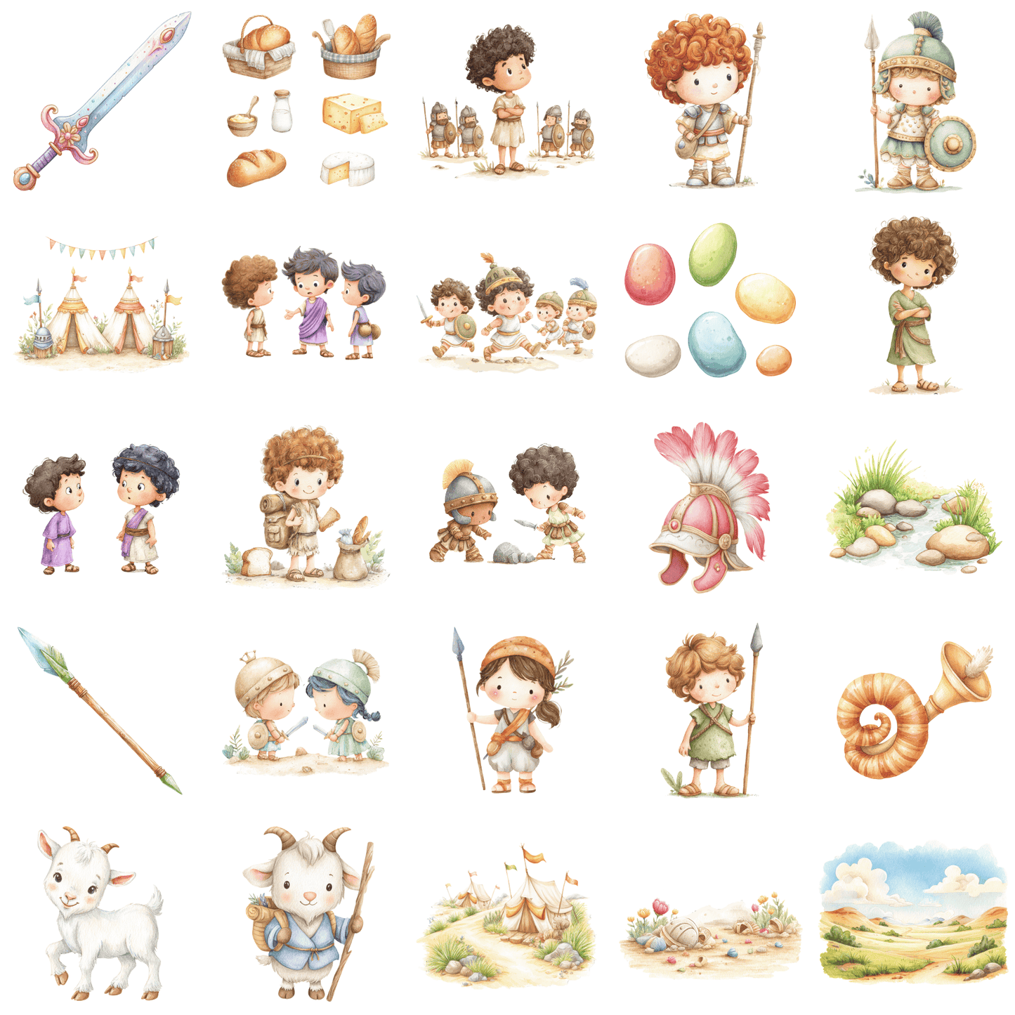 David & Goliath Kids Clipart Bundle (54 PNGs + Background, Commercial Use, Bible Story Clipart)