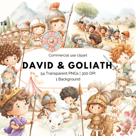 David & Goliath Kids Clipart Bundle (54 PNGs + Background, Commercial Use, Bible Story Clipart)