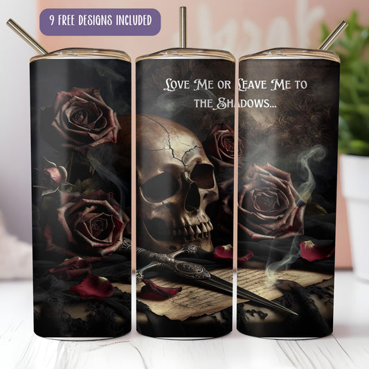a set of three tumbles with a skull and roses on them