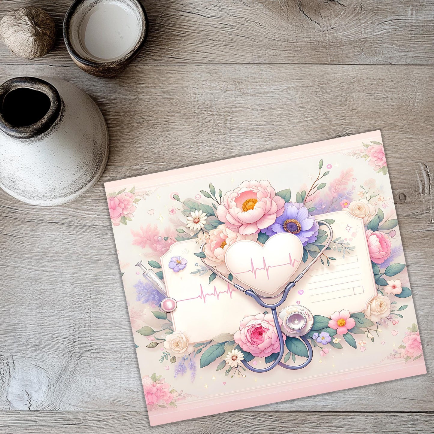 a card with a stethoscope and flowers on it