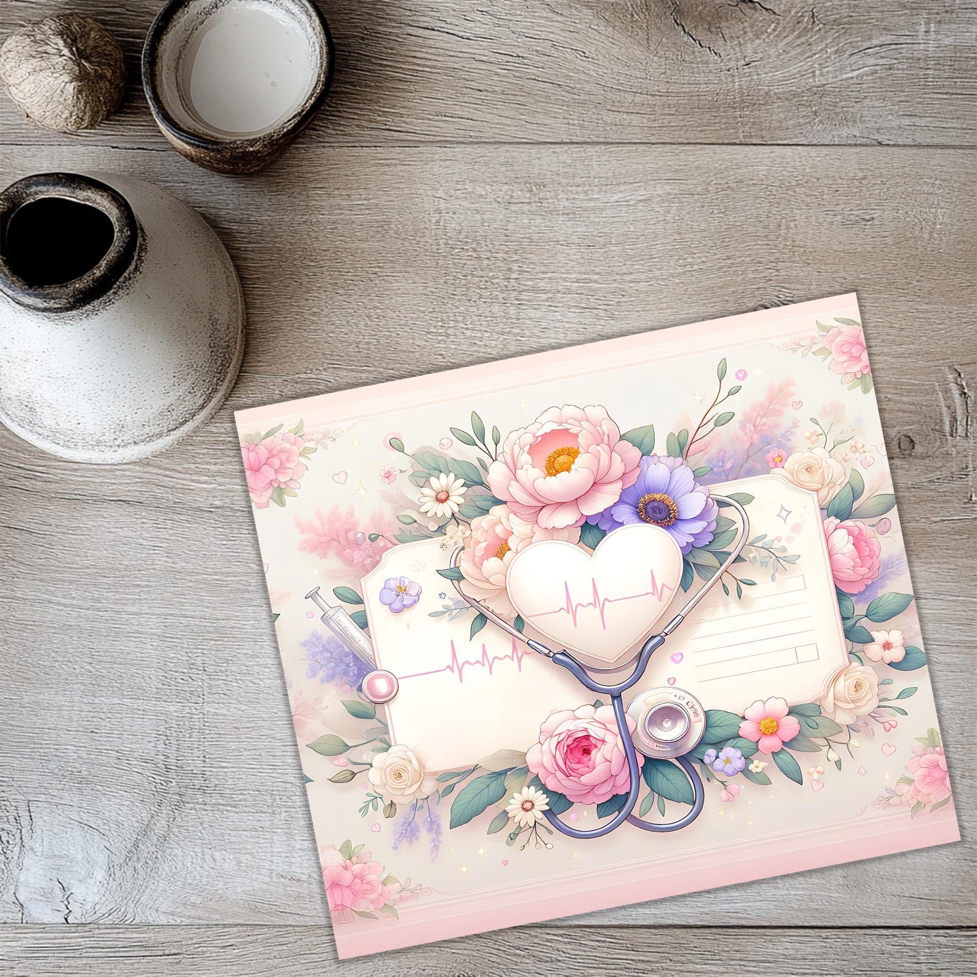 a card with a stethoscope and flowers on it