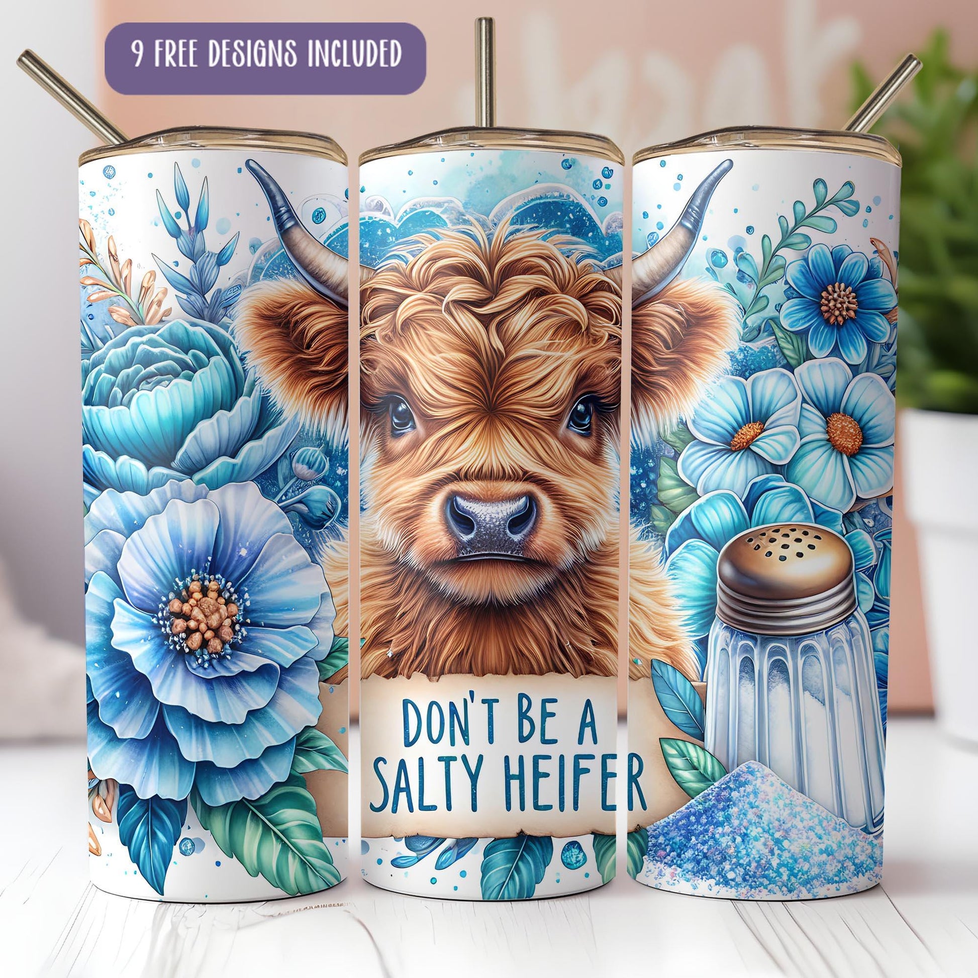 a set of three coffee cups with a picture of a cow on them