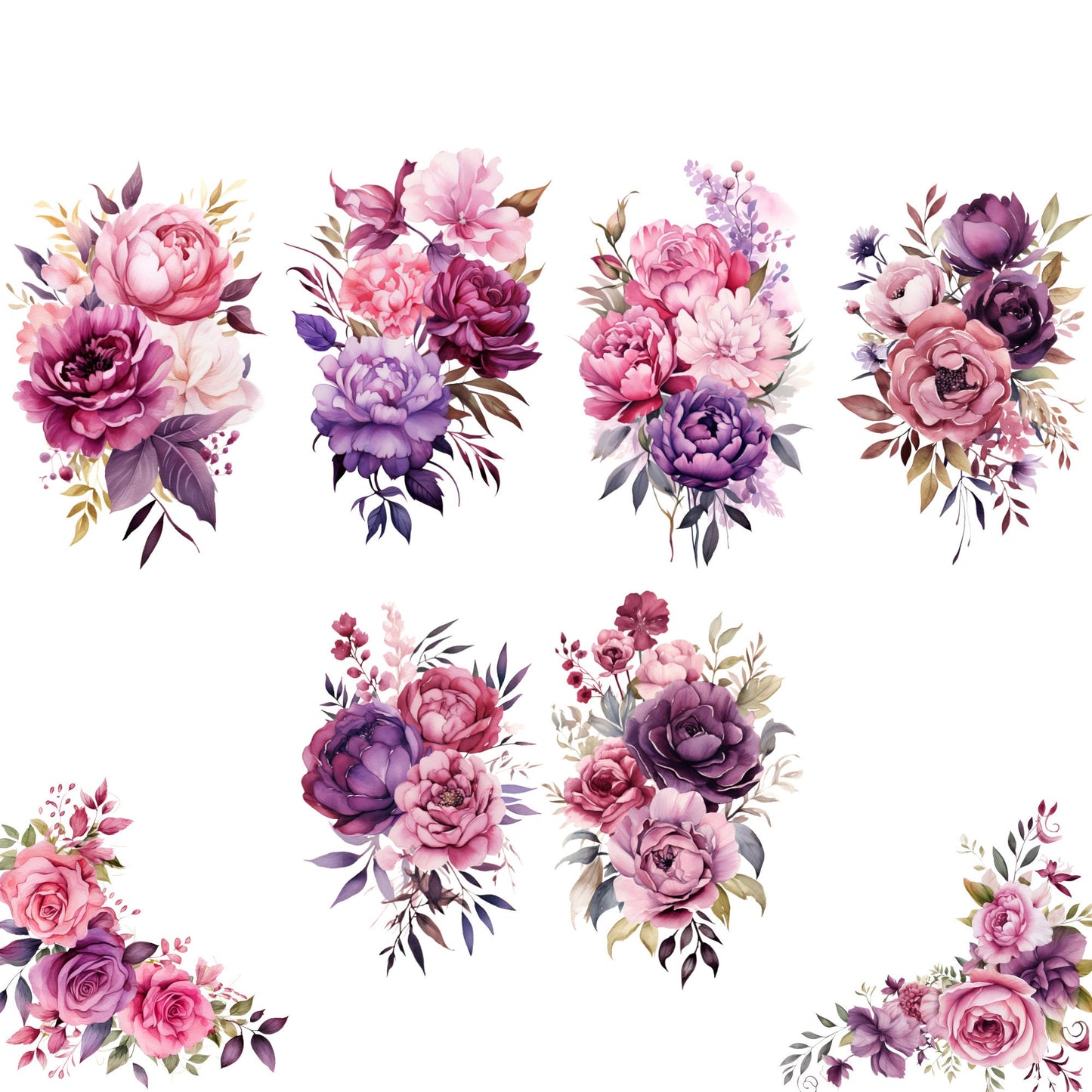 Watercolor Dark Pink and Purple Floral Clipart