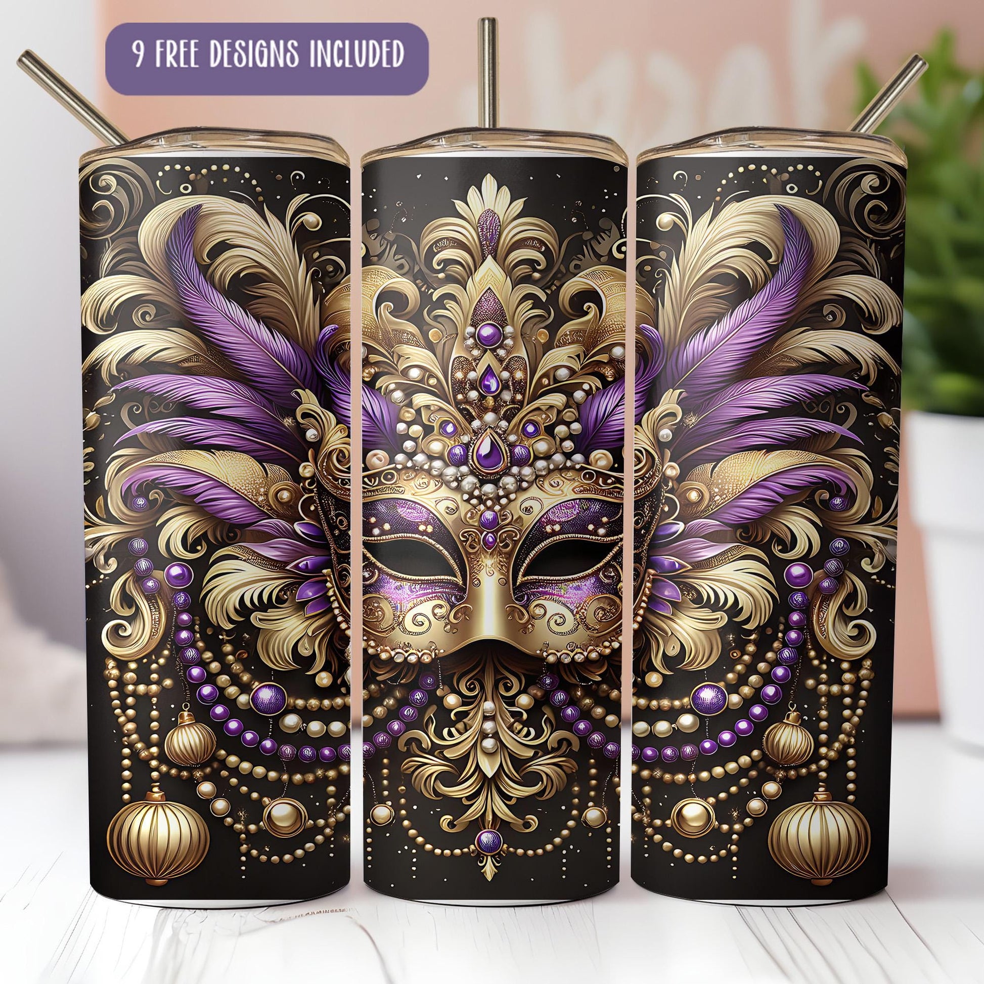 a set of three black and gold masquerade canisters
