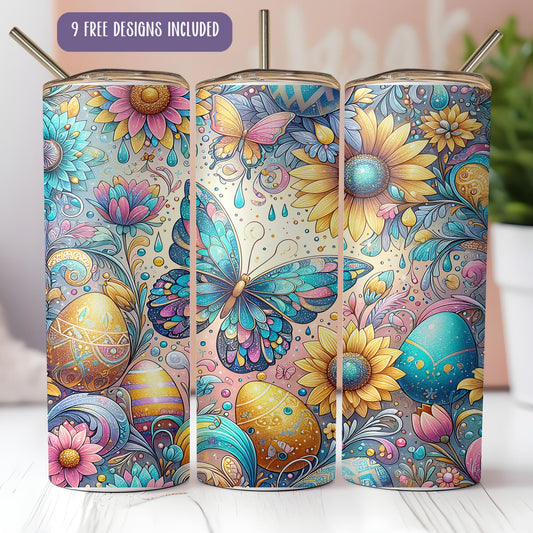 a set of three colorfully painted tumbles sitting on top of a table