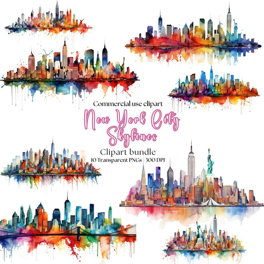Watercolor Vibrant Abstract New York Skyline Clipart