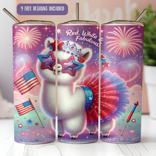 a white llama with a red, white, and blue flag on its back