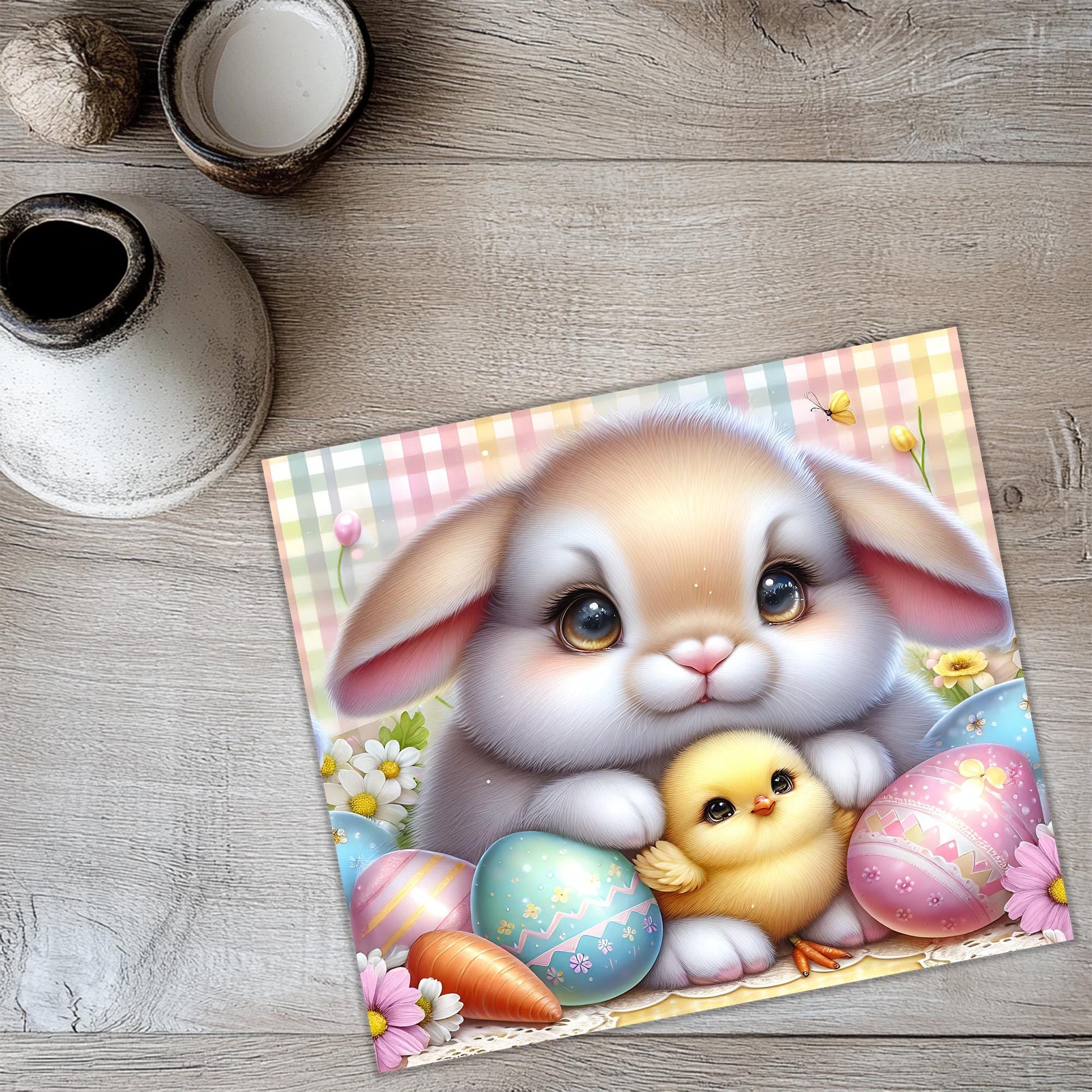 a picture of a bunny holding a chick
