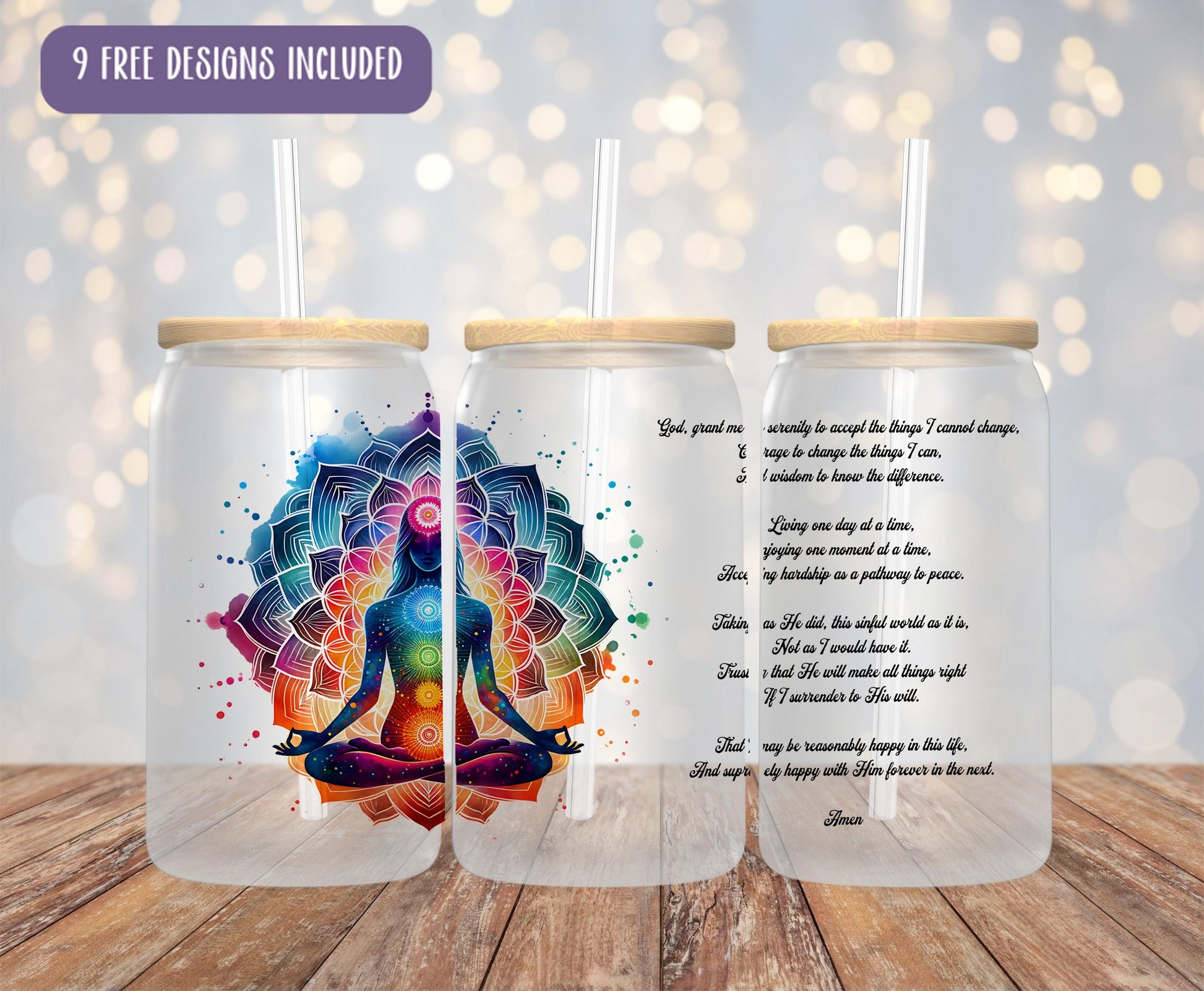 a glass jar with a picture of a person doing yoga