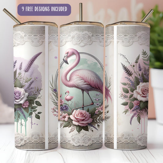 a set of three pink flamingos on a white table