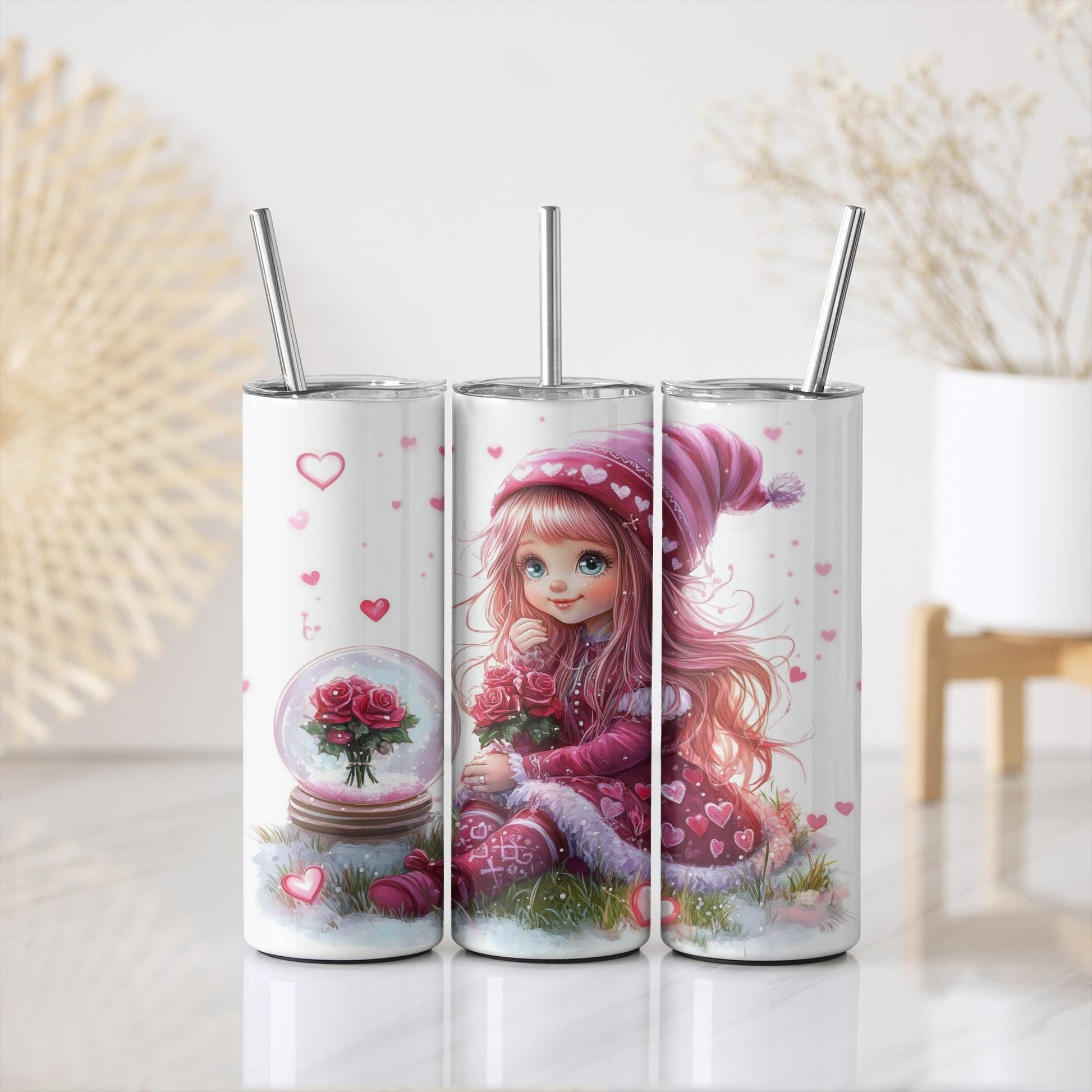 a couple of cups with a picture of a girl inside of it