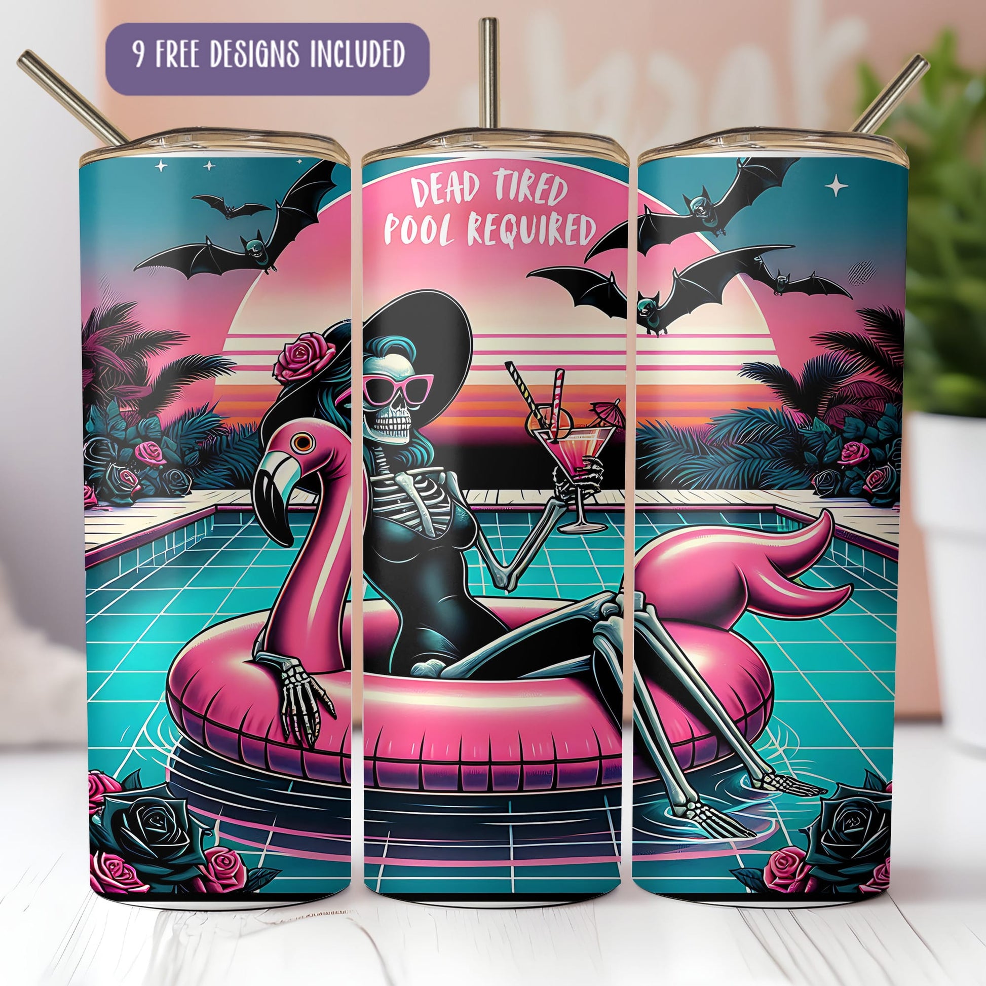 A colorful and whimsical design featuring a skeleton wearing sunglasses and a flamingo sitting on an inflatable pool float, with a sunset and bats in the background.