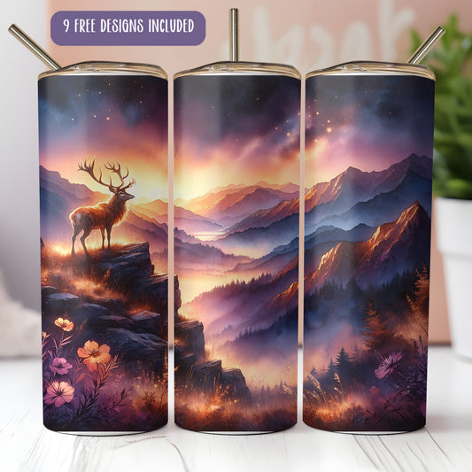 Deer at Sunset Tumbler Wrap PNG – 20oz Hunting Nature Scene for Sublimation