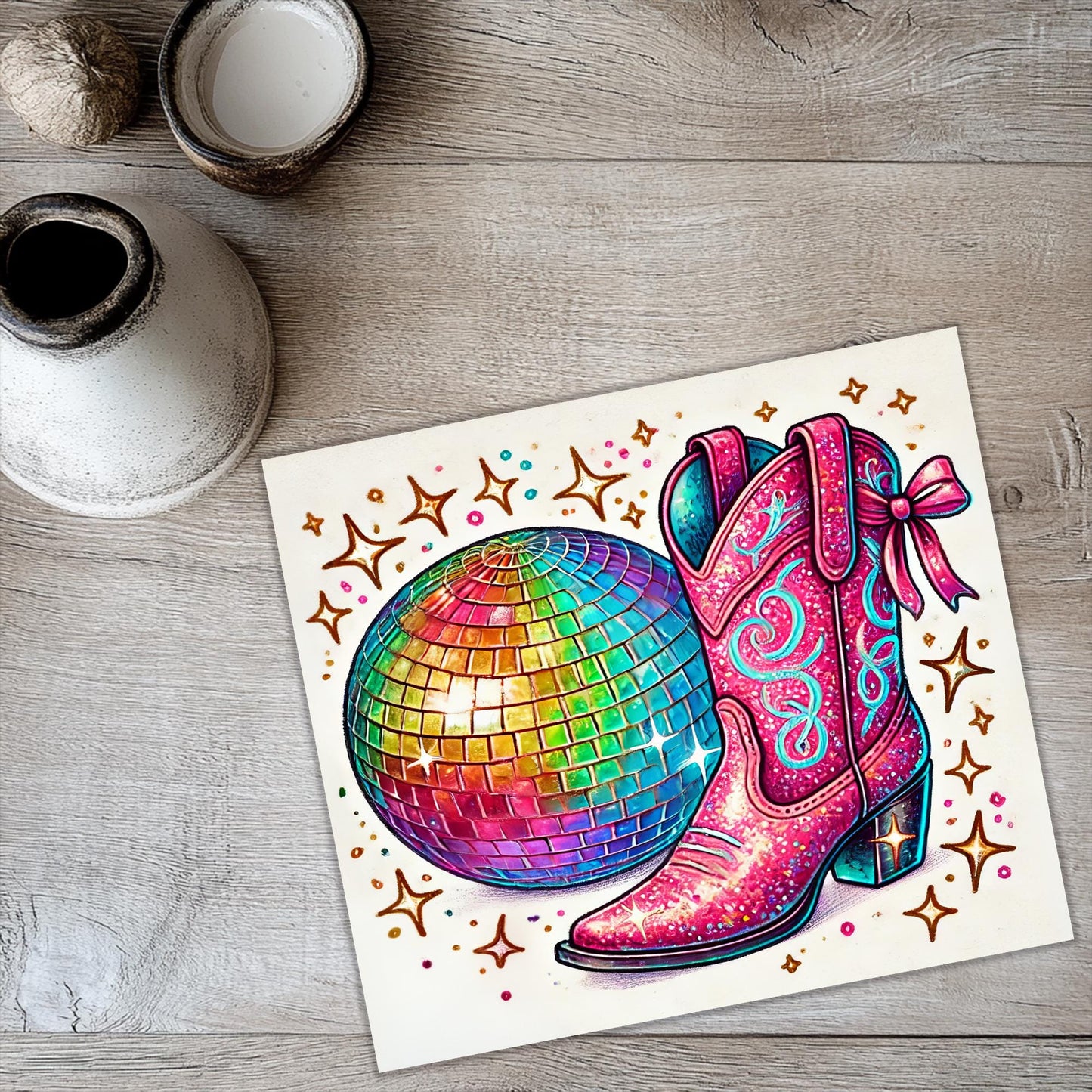 a painting of a boot and disco ball on a table