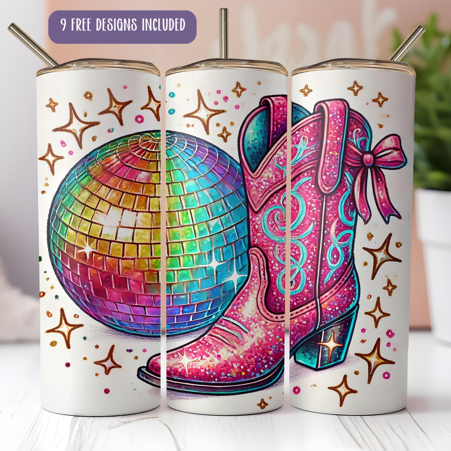 a pair of pink cowboy boots with a disco ball on them
