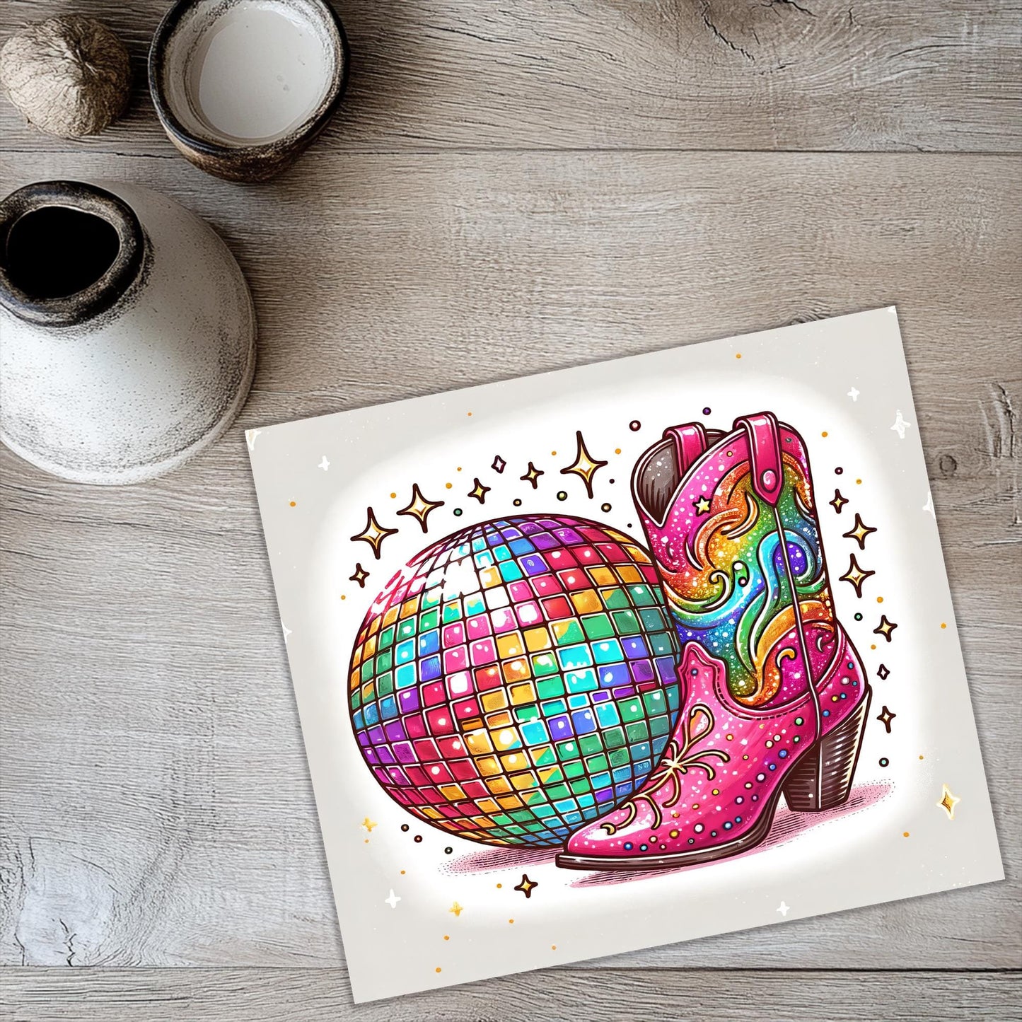 a card with a picture of a boot and stars