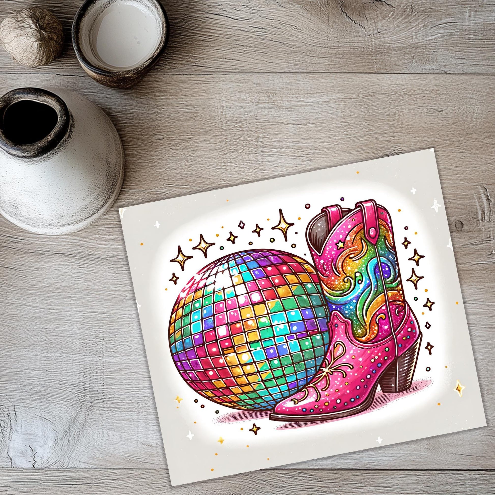 a card with a picture of a boot and stars