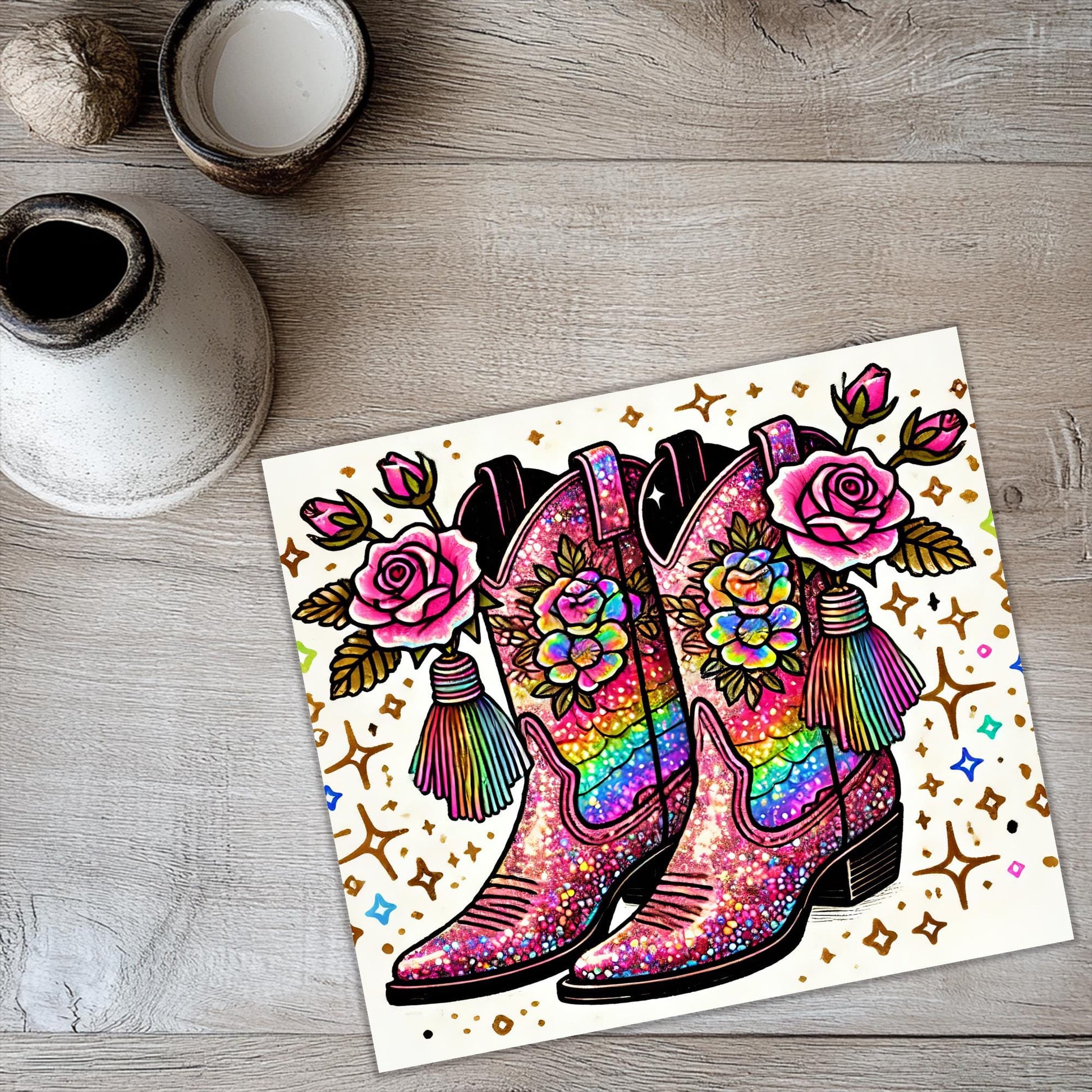 a picture of a pair of boots with flowers on them