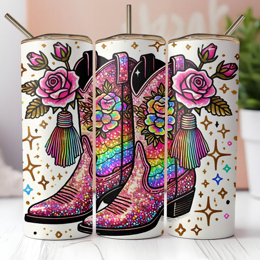 a pair of cowboy boots painted on a can