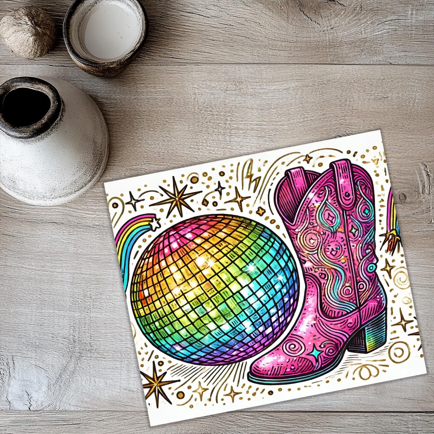 a picture of a pair of cowboy boots and a disco ball