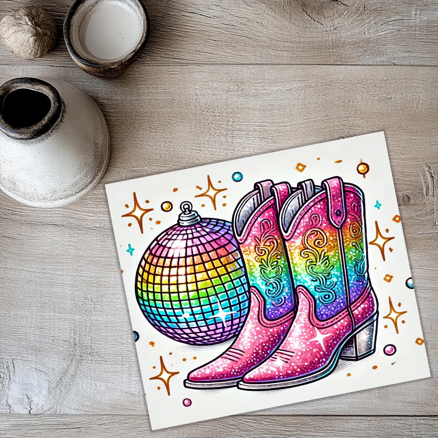 a card with a pair of boots and a disco ball