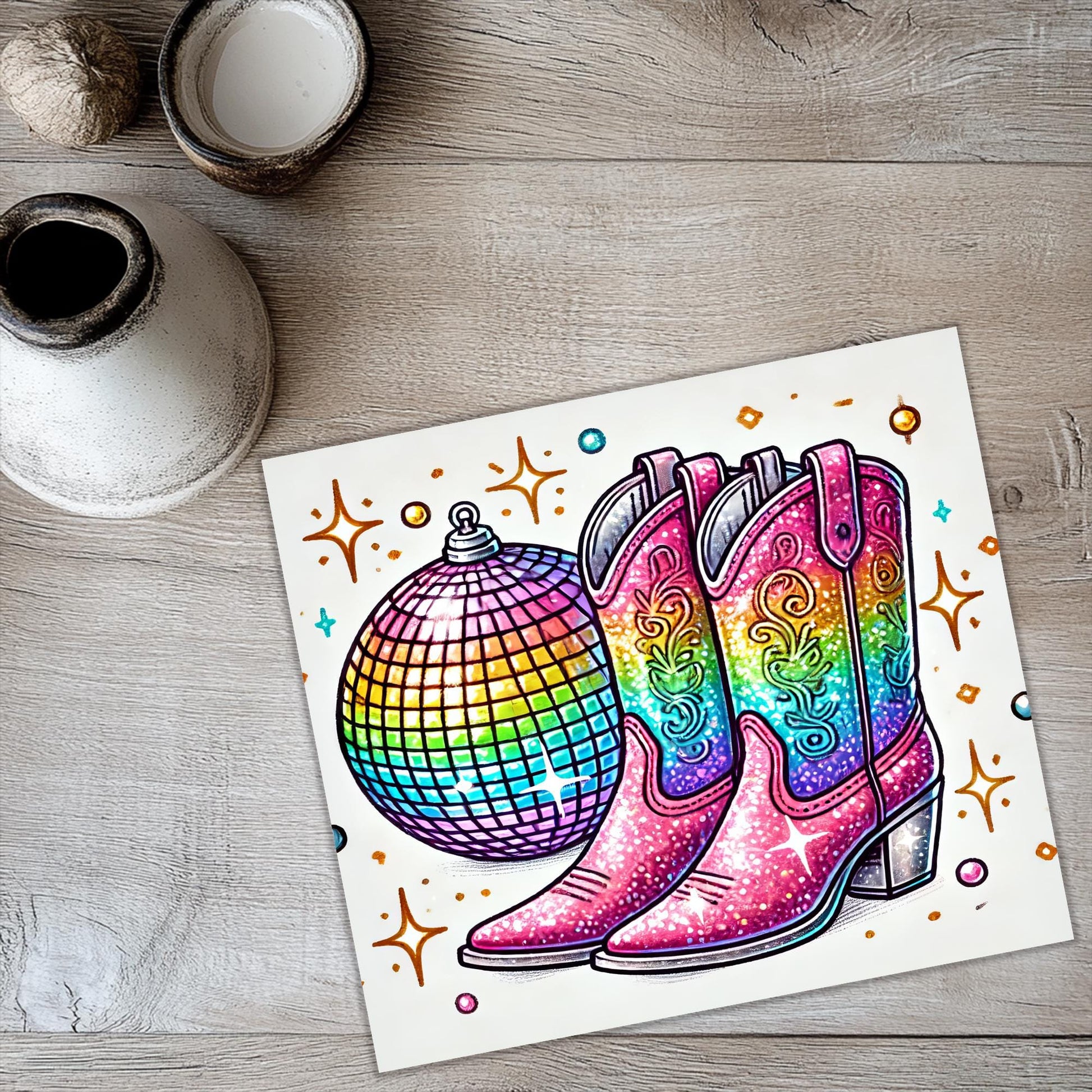 a card with a pair of boots and a disco ball